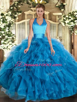 Elegant Halter Top Sleeveless Organza Sweet 16 Quinceanera Dress Ruffles Lace Up