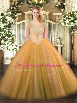 Nice Gold Sleeveless Tulle Lace Up Quinceanera Gown for Military Ball and Sweet 16 and Quinceanera