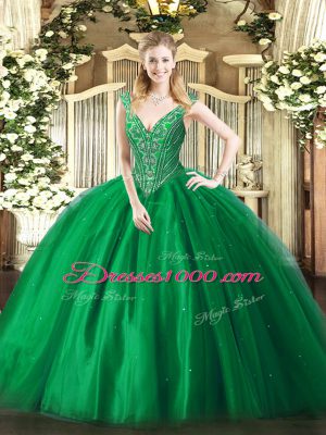 Noble Sleeveless Floor Length Beading Lace Up Quinceanera Dress with Green