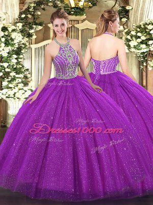 Deluxe Fuchsia Sleeveless Tulle Lace Up Sweet 16 Dresses for Military Ball and Sweet 16 and Quinceanera