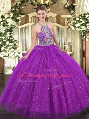 Deluxe Fuchsia Sleeveless Tulle Lace Up Sweet 16 Dresses for Military Ball and Sweet 16 and Quinceanera