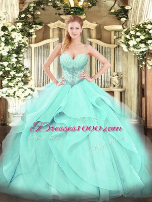 Glittering Floor Length Lace Up Quinceanera Dresses Aqua Blue for Military Ball and Sweet 16 and Quinceanera with Beading and Ruffles