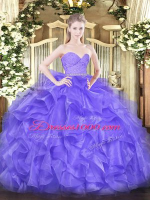 Super Lavender Organza Zipper Quinceanera Dress Sleeveless Floor Length Beading and Lace and Ruffles