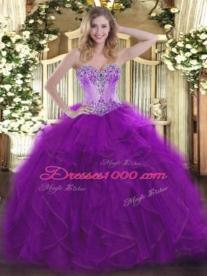 Eggplant Purple Organza Lace Up Ball Gown Prom Dress Sleeveless Floor Length Beading and Ruffles