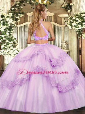 Lavender Sleeveless Beading and Appliques and Ruffles Floor Length Vestidos de Quinceanera