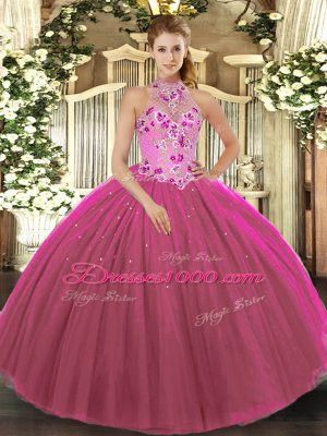 Halter Top Sleeveless Quinceanera Dress Floor Length Embroidery Fuchsia Tulle