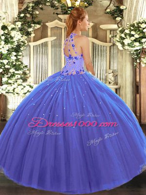 Halter Top Sleeveless Quinceanera Dress Floor Length Embroidery Fuchsia Tulle