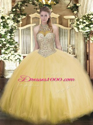 Glorious Gold Sleeveless Floor Length Beading Lace Up Quinceanera Dresses