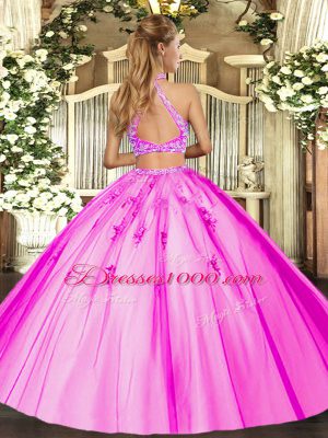Hot Sale Lilac Halter Top Neckline Beading Sweet 16 Quinceanera Dress Sleeveless Criss Cross