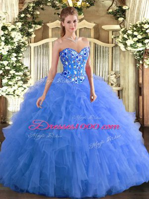 Unique Blue Tulle Lace Up Quinceanera Dress Sleeveless Floor Length Embroidery and Ruffles