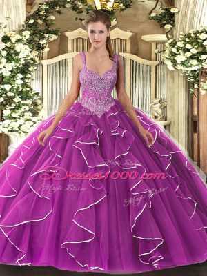 Ball Gowns Quinceanera Gowns Fuchsia Straps Tulle Sleeveless Floor Length Lace Up