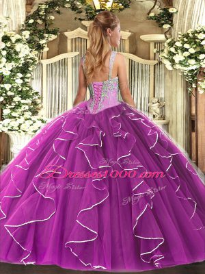 Ball Gowns Quinceanera Gowns Fuchsia Straps Tulle Sleeveless Floor Length Lace Up
