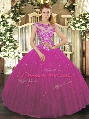 Sweet Floor Length Fuchsia Quinceanera Gown Scoop Cap Sleeves Lace Up