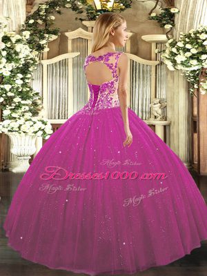 Sweet Floor Length Fuchsia Quinceanera Gown Scoop Cap Sleeves Lace Up