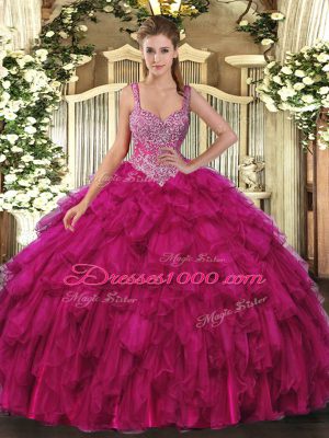 Fuchsia Ball Gowns Beading and Ruffles Quinceanera Gowns Lace Up Organza Sleeveless Floor Length