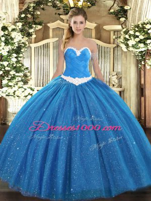 Dazzling Sleeveless Tulle Floor Length Lace Up Quinceanera Gown in Blue with Appliques