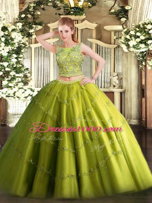 Olive Green Tulle Lace Up Vestidos de Quinceanera Sleeveless Floor Length Beading and Appliques