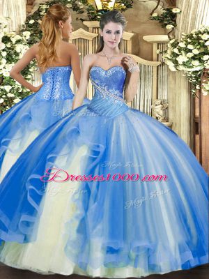 Best Selling Baby Blue Sleeveless Tulle Lace Up Ball Gown Prom Dress for Military Ball and Sweet 16 and Quinceanera