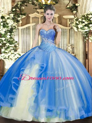 Best Selling Baby Blue Sleeveless Tulle Lace Up Ball Gown Prom Dress for Military Ball and Sweet 16 and Quinceanera