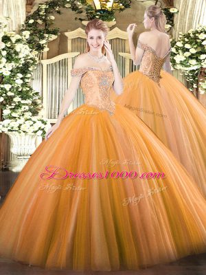 Flare Orange Ball Gowns Off The Shoulder Sleeveless Tulle Floor Length Lace Up Beading Quinceanera Dress