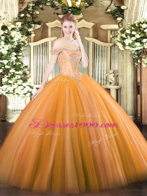 Flare Orange Ball Gowns Off The Shoulder Sleeveless Tulle Floor Length Lace Up Beading Quinceanera Dress