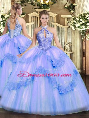 Classical Blue Ball Gowns Tulle Halter Top Sleeveless Appliques and Sequins Floor Length Lace Up 15 Quinceanera Dress
