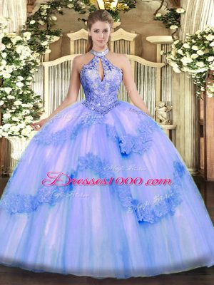 Classical Blue Ball Gowns Tulle Halter Top Sleeveless Appliques and Sequins Floor Length Lace Up 15 Quinceanera Dress
