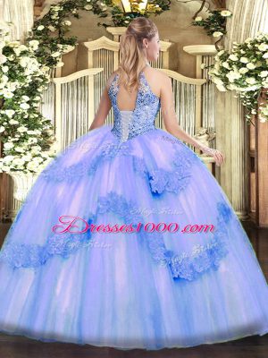 Classical Blue Ball Gowns Tulle Halter Top Sleeveless Appliques and Sequins Floor Length Lace Up 15 Quinceanera Dress