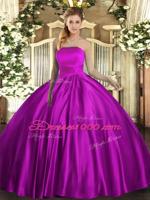 Fuchsia Satin Lace Up Quince Ball Gowns Sleeveless Floor Length Ruching