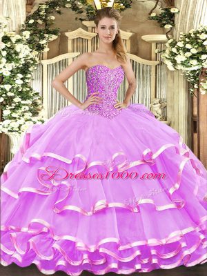 Fancy Sleeveless Floor Length Beading and Ruffled Layers Lace Up 15 Quinceanera Dress with Lilac
