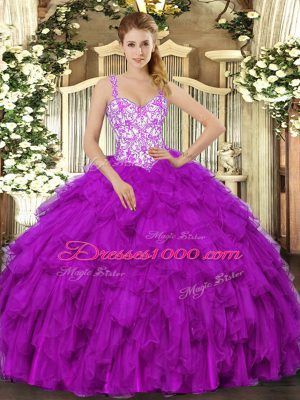Fantastic Fuchsia Ball Gowns Beading and Appliques and Ruffles Sweet 16 Dress Lace Up Organza Sleeveless Floor Length