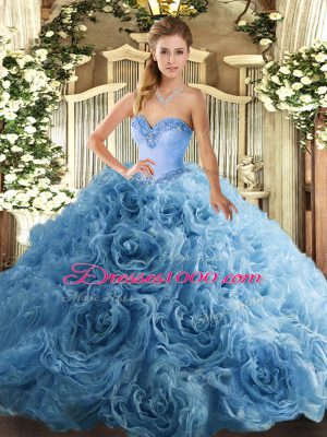 Clearance Aqua Blue Fabric With Rolling Flowers Lace Up Sweet 16 Dresses Sleeveless Floor Length Beading