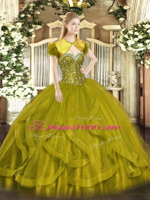 Olive Green Sweetheart Lace Up Beading and Ruffles Quinceanera Gown Sleeveless