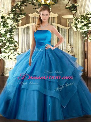On Sale Sleeveless Tulle Floor Length Lace Up Ball Gown Prom Dress in Baby Blue with Ruffled Layers