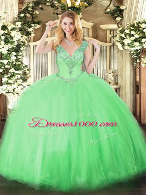 Flare Sleeveless Tulle Floor Length Lace Up Quinceanera Dress in Apple Green with Beading