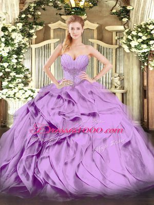 Sleeveless Floor Length Beading and Ruffles Lace Up 15th Birthday Dress with Lavender