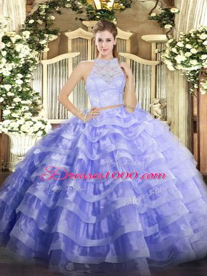 Flirting Lavender Tulle Zipper Scoop Sleeveless Floor Length Sweet 16 Dress Lace and Ruffled Layers