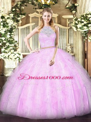 Lilac Sleeveless Lace and Ruffles Floor Length Quinceanera Gowns