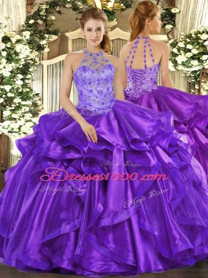 Halter Top Sleeveless Sweet 16 Quinceanera Dress Floor Length Beading and Embroidery and Ruffles Purple Organza