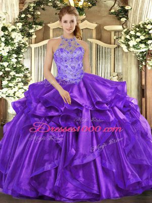 Halter Top Sleeveless Sweet 16 Quinceanera Dress Floor Length Beading and Embroidery and Ruffles Purple Organza
