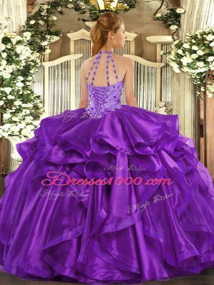 Halter Top Sleeveless Sweet 16 Quinceanera Dress Floor Length Beading and Embroidery and Ruffles Purple Organza