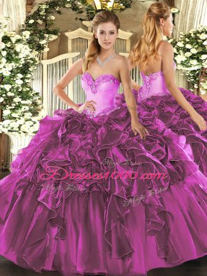 Fuchsia Ball Gowns Beading and Ruffles Quinceanera Dress Lace Up Organza Sleeveless Floor Length