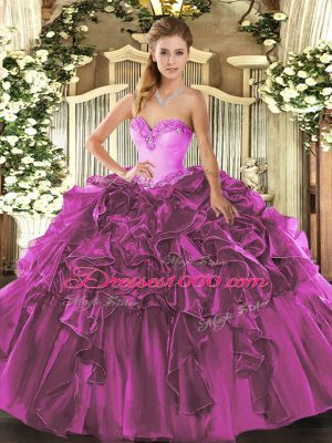Fuchsia Ball Gowns Beading and Ruffles Quinceanera Dress Lace Up Organza Sleeveless Floor Length