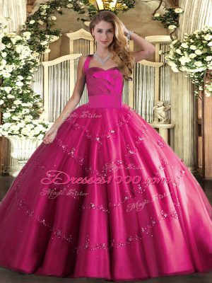 Low Price Appliques Ball Gown Prom Dress Hot Pink Lace Up Sleeveless Floor Length