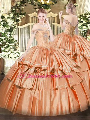 Popular Sleeveless Floor Length Beading and Ruffled Layers Lace Up Sweet 16 Quinceanera Dress with Orange Red