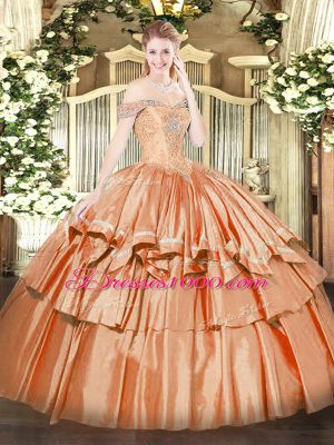 Popular Sleeveless Floor Length Beading and Ruffled Layers Lace Up Sweet 16 Quinceanera Dress with Orange Red