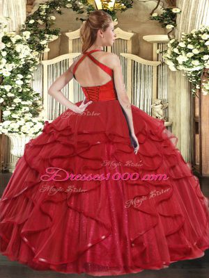 Designer Sleeveless Tulle Floor Length Lace Up Vestidos de Quinceanera in Fuchsia with Ruffles
