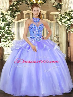 Fine Lavender Ball Gowns Halter Top Sleeveless Organza Floor Length Lace Up Embroidery Quinceanera Gowns