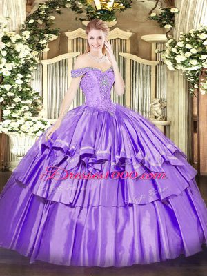 Custom Made Lavender Ball Gowns Off The Shoulder Sleeveless Organza and Taffeta Floor Length Lace Up Beading and Ruffled Layers Ball Gown Prom Dress