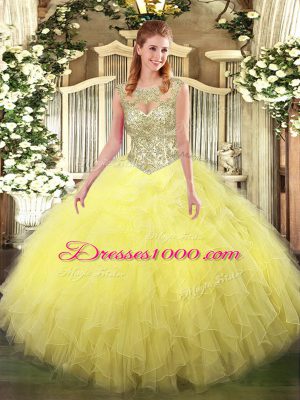 Popular Floor Length Lace Up Sweet 16 Quinceanera Dress Yellow for Military Ball and Sweet 16 and Quinceanera with Beading and Ruffles